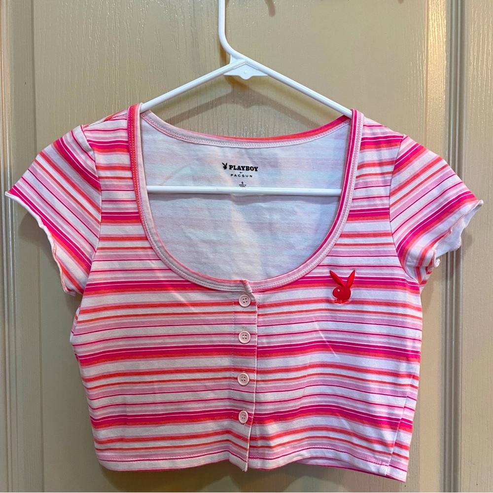 ***SOLD***Playboy by Pacsun Women's Crush Stripe Scoop Tee - Pink Stripes/Small